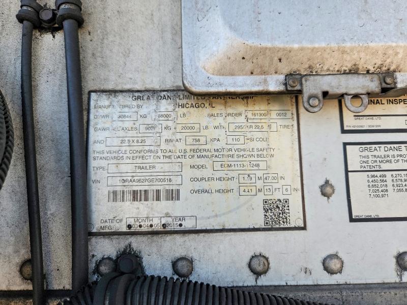 2016 Great dane trailers VIN 1GRAA9627GE700518 COPART salvage auction — ROOF, CT, sold $850 on 2026-09-01 (photo 9)