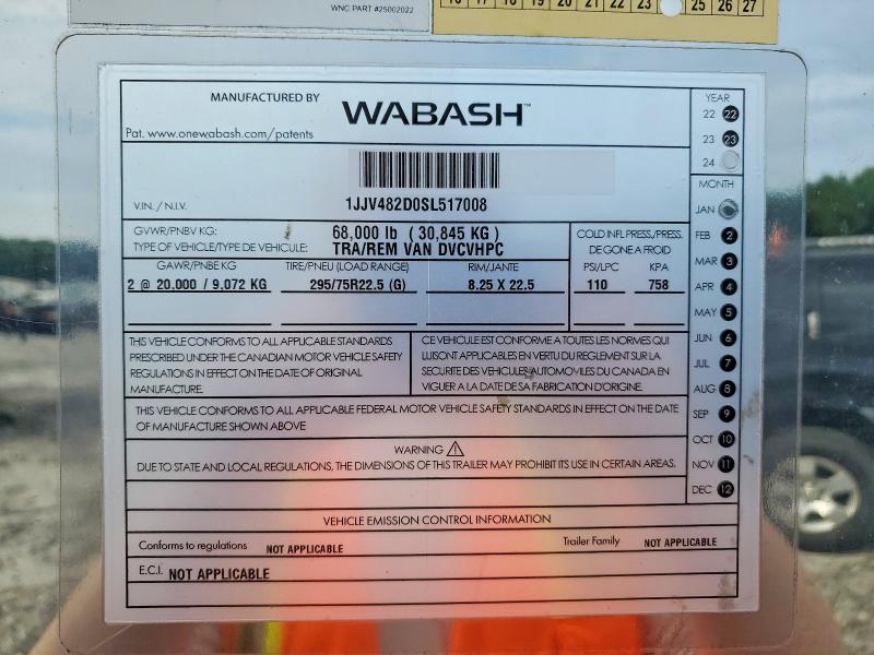 2025 Wabash dry van VIN 1JJV482D0SL517008 COPART salvage auction — ROOF, SC, sold $3,750 on 2026-08-13 (photo 8)