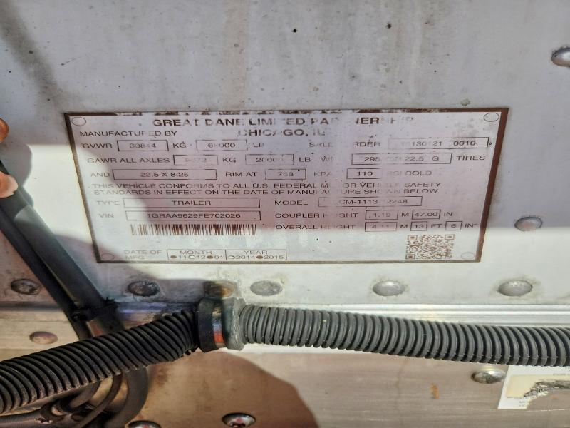2015 Great dane trailers Reefer van VIN 1GRAA9629FE702026 COPART salvage auction — FRONT END, CT, sold $1,300 on 2026-09-29 (photo 8)