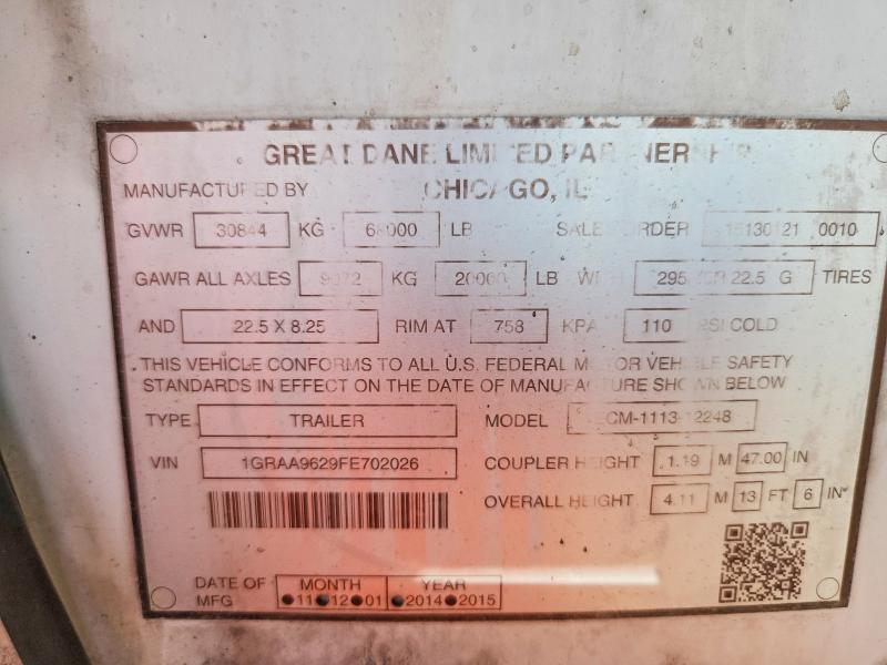 2015 Great dane trailers Reefer van VIN 1GRAA9629FE702026 COPART salvage auction — FRONT END, CT, sold $1,300 on 2026-09-29 (photo 9)