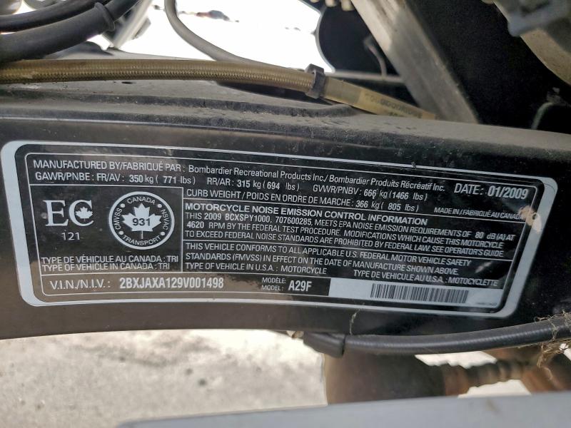 2009 Can-am Spyder VIN 2BXJAXA129V001498 COPART salvage auction — NORMAL WEAR, TX - CERTIFICATE OF TITLE, sold $1,800 on 2026-07-02 (photo 9)
