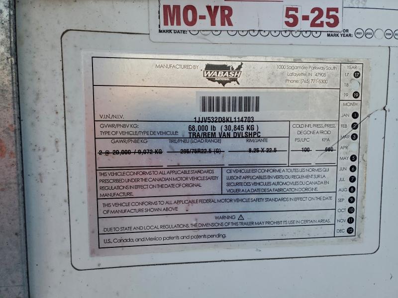 2019 Wabash Dry freigh VIN 1JJV532D8KL114703 COPART salvage auction — UNDERCARRIAGE, IA - JUNKING CERTIFICATE, sold $30 on 2026-07-22 (photo 8)
